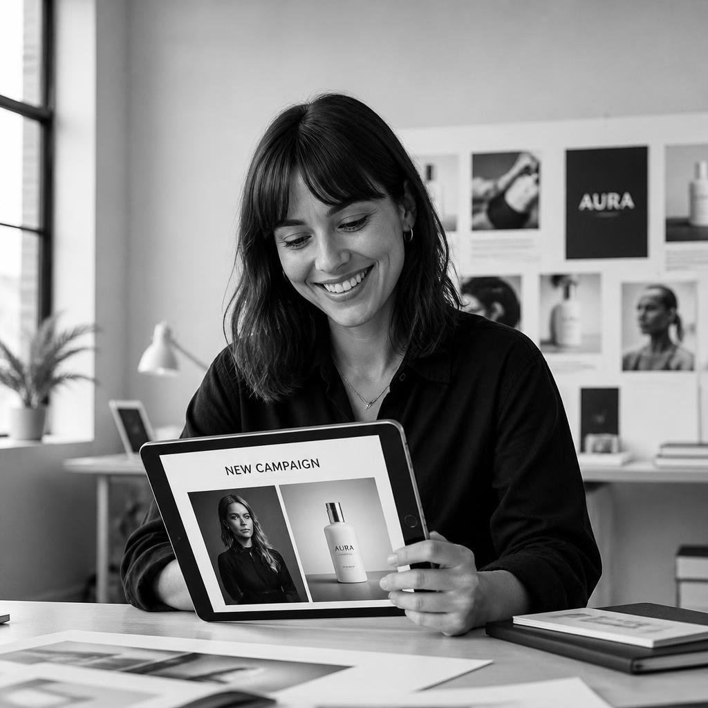Happy creative professional reviewing a new campaign on a tablet